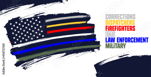 The all line, Distressed american flag vector template. Symbol of corrections, police, firefighter, EMS, dispatchers, military. Illustration for poster, card, banner. 