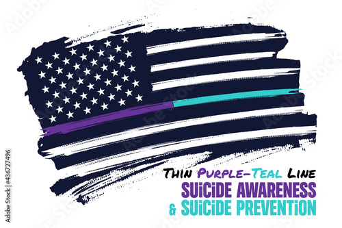 Thin Purple-Teal line, Distressed american flag vector template. Symbol of solidarity with some of the emergency services: it represents suicide awareness and prevention. Illustration for poster, card