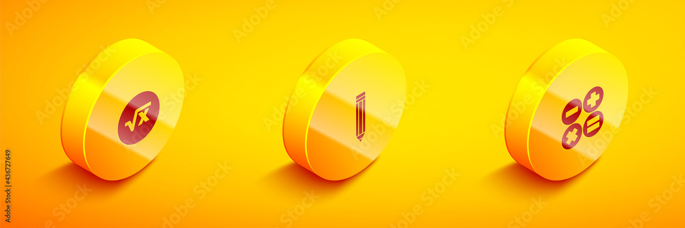 Set Isometric Square root of x glyph, Pencil and Calculator icon. Vector Set Isometric Square root of x glyph, Pencil and Calculator icon. Vector