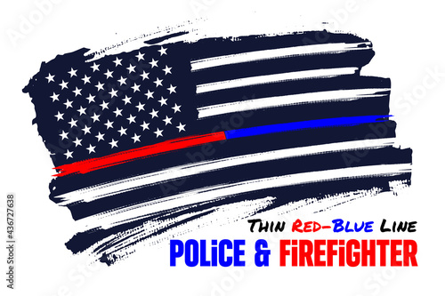 Thin red-blue line, Distressed american flag vector template. Symbol of police, firefighter, EMS. Illustration for poster, card, banner. 