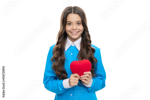 Its curable disease. Happy kid hold red heart. Providing cardiovascular care. Pediatric health care photo