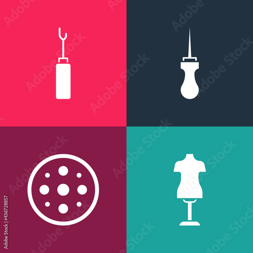 Set pop art Mannequin, Sewing button, Awl tool and icon. Vector