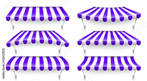 Shop sunshade with metal mount. Realistic violet striped cafe awning. Outdoor market tent. Roof canopy. Summer street store. Vector illustration.
