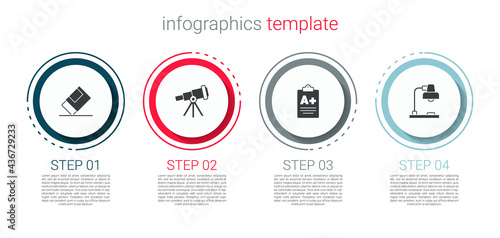 Set Eraser or rubber, Telescope, Exam sheet with A plus grade and Table lamp. Business infographic template. Vector