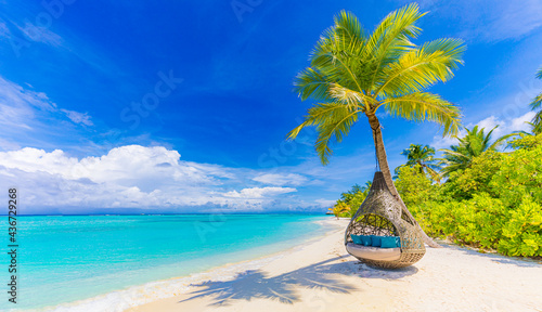 Tropical beach paradise as summer landscape, beach swing hammock and white sand, calm sea serene beach. Luxury beach resort hotel vacation holiday. Exotic tranquil island nature travel destination