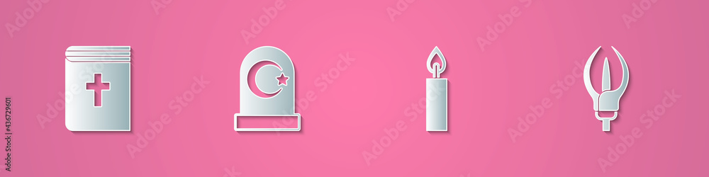 Obraz premium Set paper cut Holy bible book, Muslim cemetery, Burning candle and Lily flower icon. Paper art style. Vector