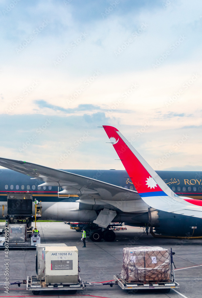 Nepal Airlines plane landing on Bangkok Suvarnabhumi Airport Thailand