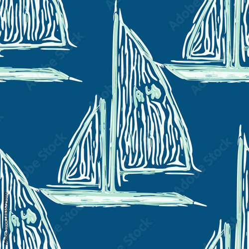 Coastal sail boat drawn seamless pattern. Marine 2 tone yacht ship printed background for interior textiles and modern trendy maritime fashion. Maritime travel all over design vector repeat.