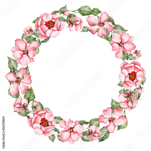 Fototapeta Naklejka Na Ścianę i Meble -  Floral wreath with copy space in the middle. Hand painted watercolor pink flowers