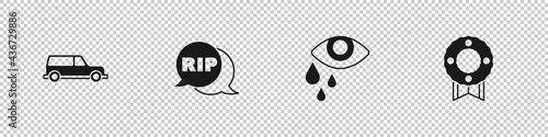 Set Hearse car, Speech bubble rip death, Tear cry eye and Memorial wreath icon. Vector