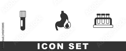 Set Test tube and flask, Stomach heartburn and icon. Vector