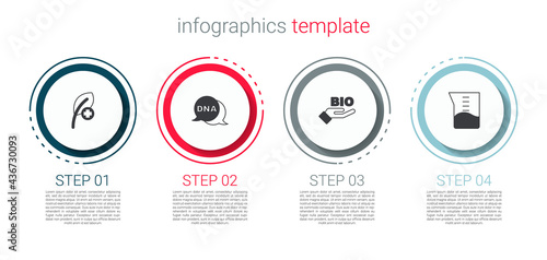 Set Leaf or leaves, DNA symbol, Bio healthy food and Laboratory glassware beaker. Business infographic template. Vector