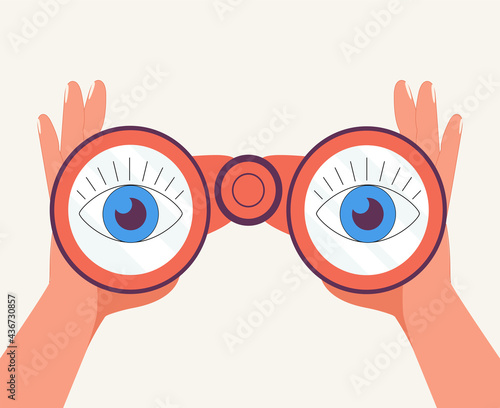 Hands hold binoculars and look through them. Vector illustration for search engine or research, web surfing. Trendy.