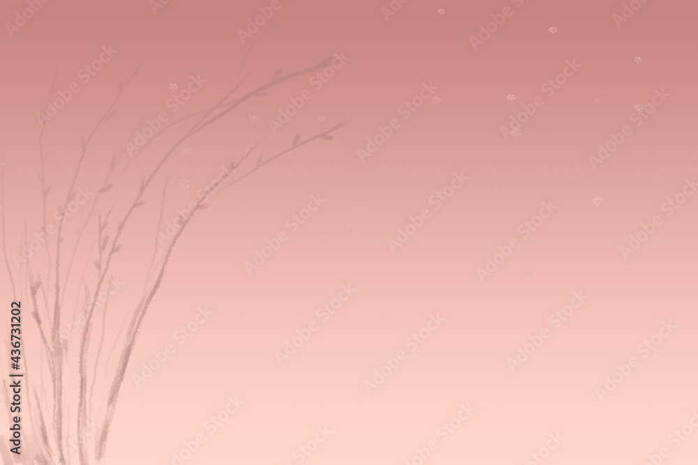 Pink background, gradient ash rose, vintage pink. On a pink background, a branch with leaves.