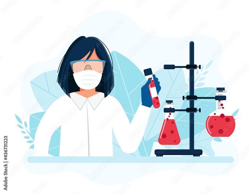 Lab research. Female scientist in laboratory. Vaccine research, scientists conducting experiments in lab. illustration in flat style