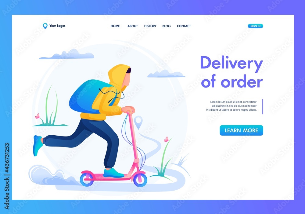 Young Guy Courier, Delivery Of Goods On An Electric Scooter. Flat 2D Landing Page