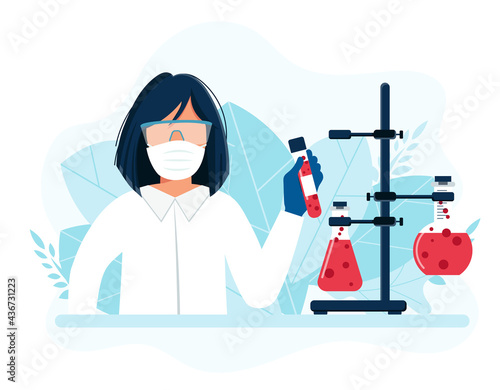 Lab research. Female scientist in laboratory. Vaccine research, scientists conducting experiments in lab. illustration in flat style