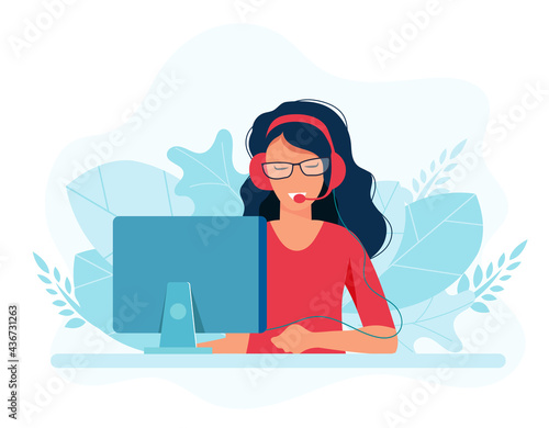 Online assistant. Woman with headphones with computer. Concept illustration for support, assistance, call center. Technical support. Virtual help service. Vector illustration in flat.