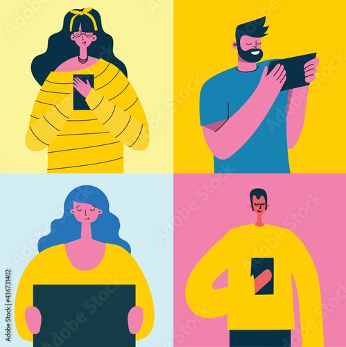 Young people man and woman using technology gadget smartphone mobile phone tablet pc laptop computer in social network communication concept flat design cartoon style with copyspace
