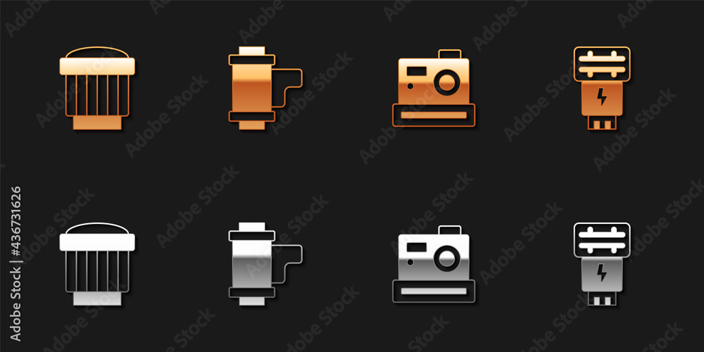 Set Camera photo lens, roll cartridge, Photo camera and flash icon. Vector Set Camera photo lens, roll cartridge, Photo camera and flash icon. Vector
