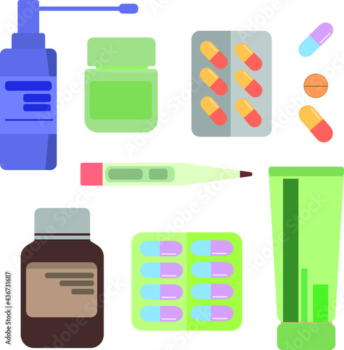 Set of assorted oval and round tablets and capsules of different colors
and tablets or pills in jar,blister pack