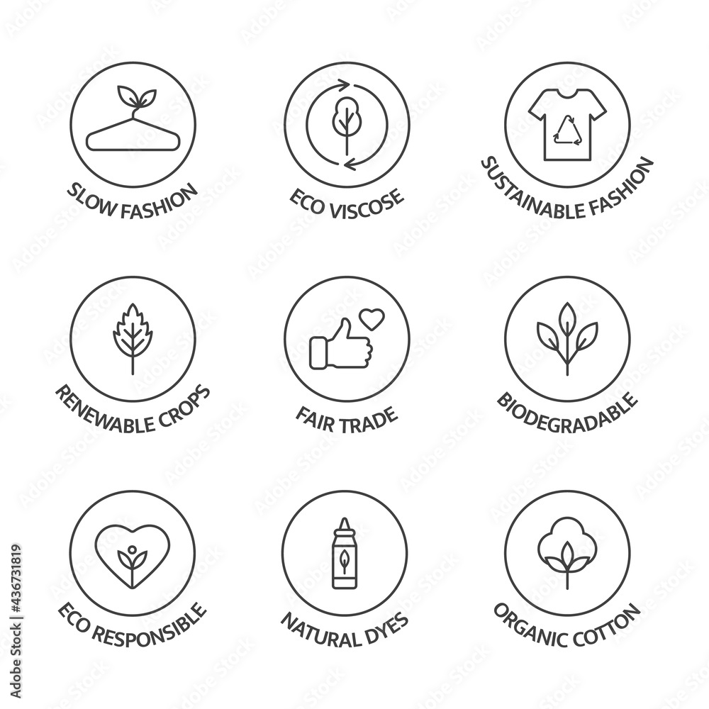 Sustainable fashion line icon set. Organic cotton, natural ...