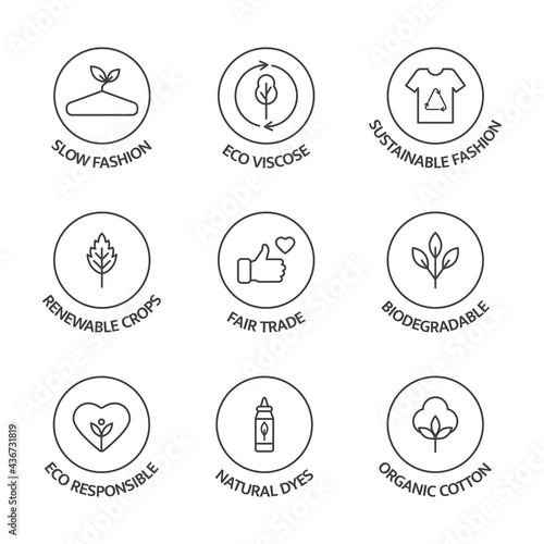 Sustainable fashion line icon set. Organic cotton, natural dyes, renewable crop label. Slow fashion badge. Eco viscose product logo. Fair trade. Conscious development. Vector illustration