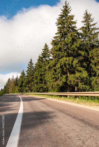 The road goes into the distance. Spruce forest and blue sky with clouds