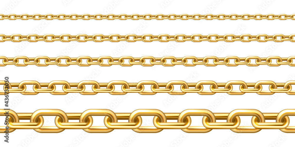 Realistic gold plated seamless metal chain with golden links isolated on white background. Vector illustration. Realistic gold plated seamless metal chain with golden links isolated on white background. Vector illustration.