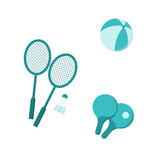 Summer sport activities – badminton, ping-pong, volleyball.  Trendy vector flat icon, isolated on white. Design for web and print. Summer, sport life concept