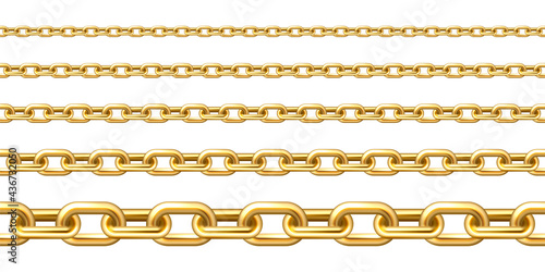 Realistic gold plated seamless metal chain with golden links isolated on white background. Vector illustration.