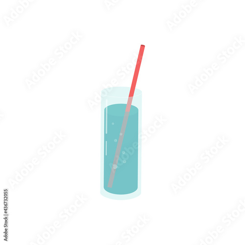 Glass of water. Blue cocktail with  straw  tube.  Trendy vector flat icon, isolated on white. Design for web and print. Tourism, vacation and travel concept
