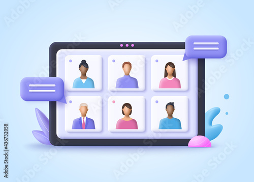 Online Meeting, Virtual Conference Video call, Briefing, Teamwork Concept. 3d realistic vector illustration.