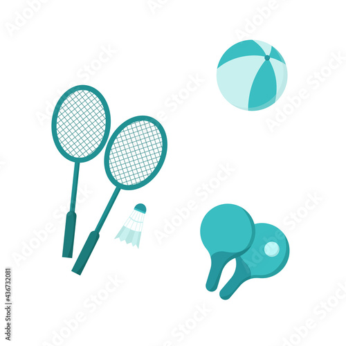 Summer sport activities – badminton, ping-pong, volleyball. Trendy vector flat icon, isolated on white. Design for web and print. Summer, sport life concept