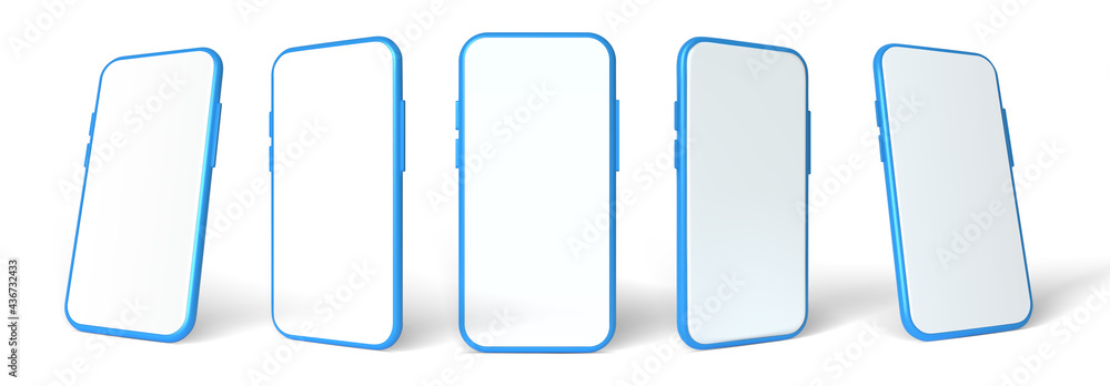 Blue smartphone mockup, 3D vector template set. Mobile phone front view on the white background. Blue smartphone mockup, 3D vector template set. Mobile phone front view on the white background.