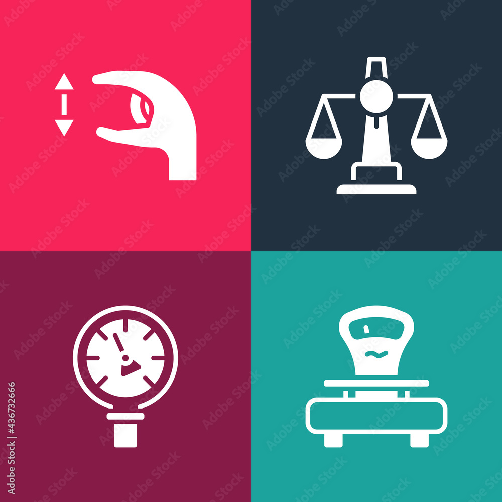 Set pop art Scales, Pressure water meter, of justice and Approximate measurements icon. Vector Set pop art Scales, Pressure water meter, of justice and Approximate measurements icon. Vector