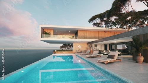 Modern luxury villa at sunset. Private house with infinity pool. 3d visualization photo
