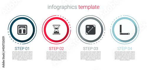 Set Bathroom scales, Old hourglass with sand, Diagonal measuring and Corner ruler. Business infographic template. Vector