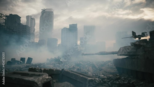 The aftermath of the war. Tank at war. Military tank in an abandoned city. 3d visualization photo