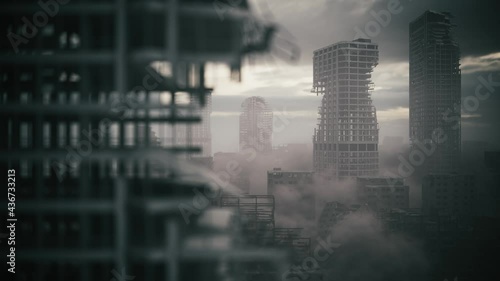 Ruined city from war. Apocalypse city in fog. Destroyed after war. The aftermath of the war. 3d visualization photo