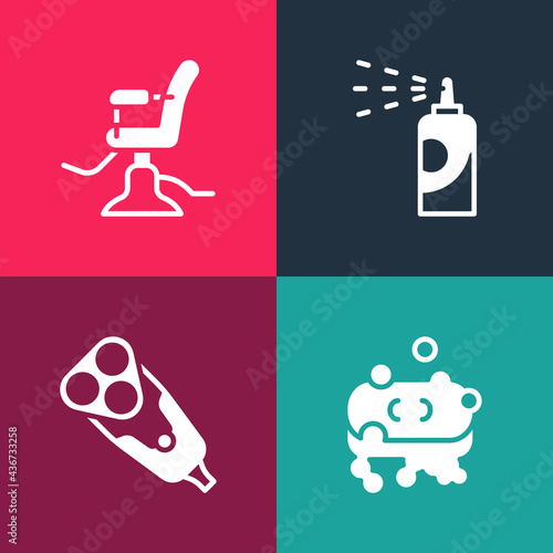 Set pop art Bar of soap with foam, Electric razor blade, Spray can for hairspray and Barbershop chair icon. Vector