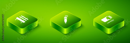 Set Isometric Umbrella, Jar of honey and dipper stick and Bench icon. Vector