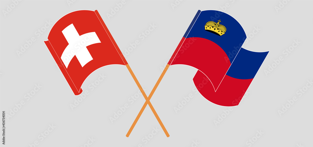 Crossed flags of Switzerland and Liechtenstein. Official colors. Correct proportion
