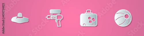 Set paper cut Elegant women hat, Water gun, Suitcase and Beach ball icon. Paper art style. Vector
