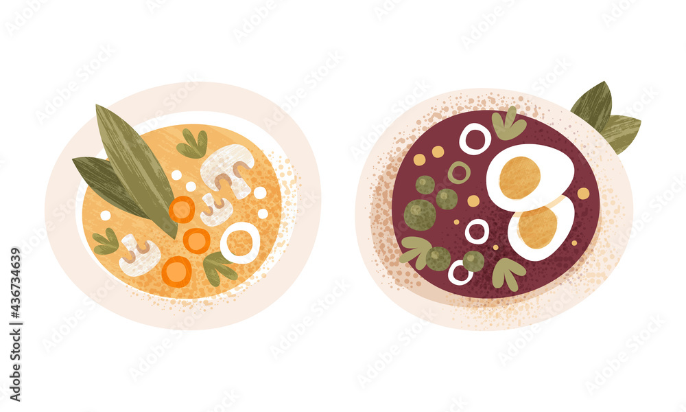 Fototapeta premium Soup Served on Plates Set, Healthy Traditional Food Dishes with Cartoon Vector Illustration