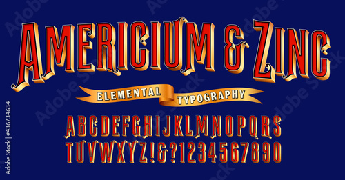 Americium and Zinc; Elemental typography alphabet with an Americana-style red, white, gold and blue color scheme. Good for Independence Day, Memorial Day, and Veteran's Day graphics.