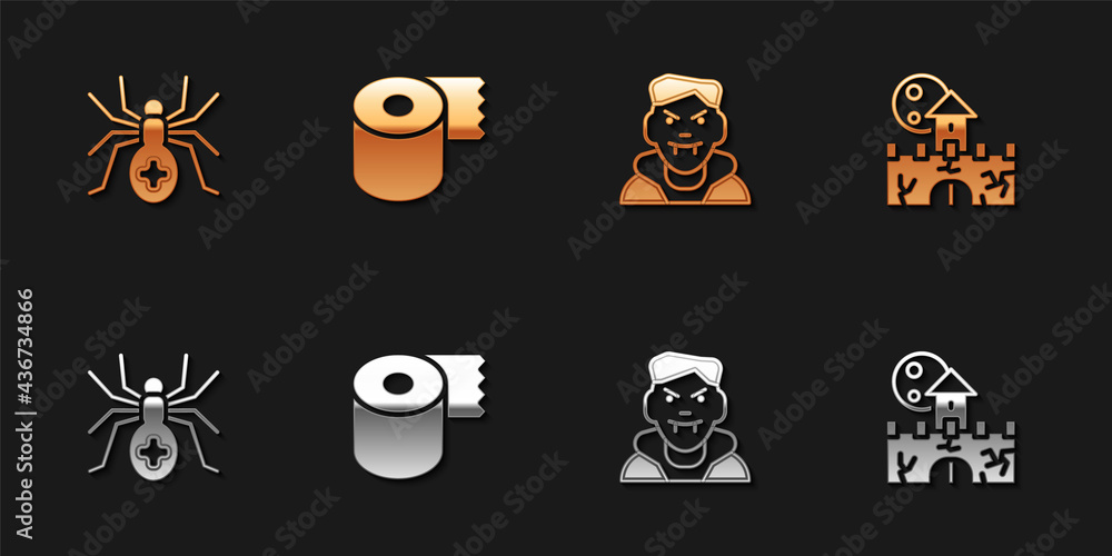 Set Spider, Toilet paper roll, Vampire and Castle, fortress icon. Vector