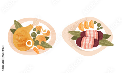 Meal Served on Plate Set, Healthy Traditional Food Dishes, Fried Drumstick and Cutlet with Potato Cartoon Vector Illustration