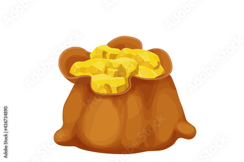 Old bag full of gold nugget in cartoon style isolated on white background. Award concept, fortune, ui game asset. Moneybag retro decoration.