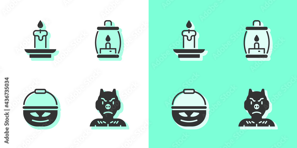 Set Krampus, heck, Burning candle, Pumpkin basket for sweets and Camping lantern icon. Vector Set Krampus, heck, Burning candle, Pumpkin basket for sweets and Camping lantern icon. Vector